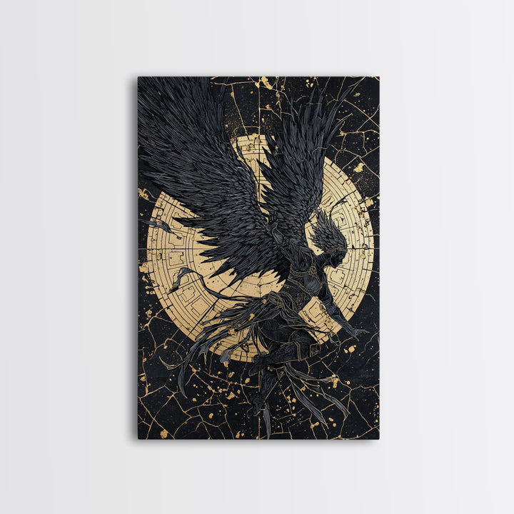 Golden Valkyrie Canvas Gold Art Canvas Art, Norse Mythology Female Warrior Wall Art for Man Cave Office Decor, in real wood frame
