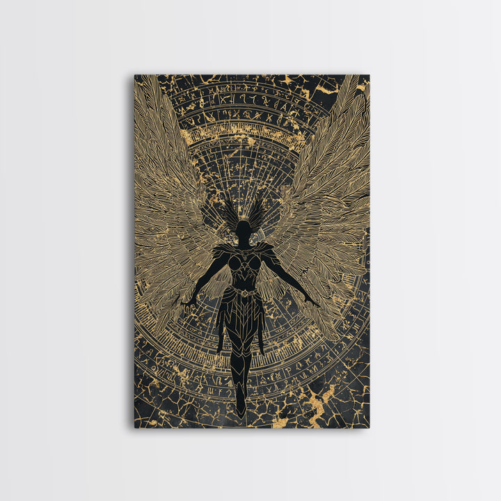 Shieldmaiden Valkyrie Canvas Gold Art Canvas Art, Norse Mythology Wall Art for Men’s Office Decor Dad Gift, framed in natural wood