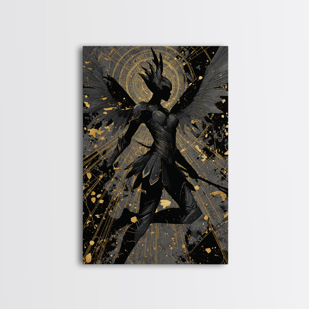 Valkyrie Guardian Canvas Gold Art Canvas Art, Norse Mythology Winged Warrior Wall Decor for Man Cave Dad Gift, real wood frame