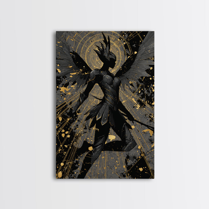 Valkyrie Guardian Canvas Gold Art Canvas Art, Norse Mythology Winged Warrior Wall Decor for Man Cave Dad Gift, real wood frame