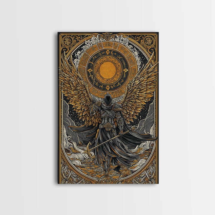 Norse Valkyrie Canvas Gold Art Canvas Art, Nordic Mythology Winged Warrior Goddess Wall Art Office Decor Dad Gift, framed in wood
