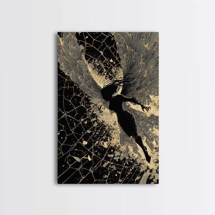 Valkyrie Warrior Canvas Gold Art Nordic Mythology Canvas Art for Office or Man Cave, framed in natural wood for bold style