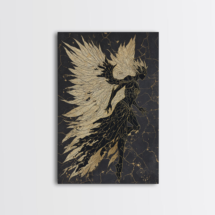 Valkyrie Warrior Canvas Gold Art Canvas Art, Norse Mythology Female Guardian Wall Art for Office Decor Dad Gift, with wood frame