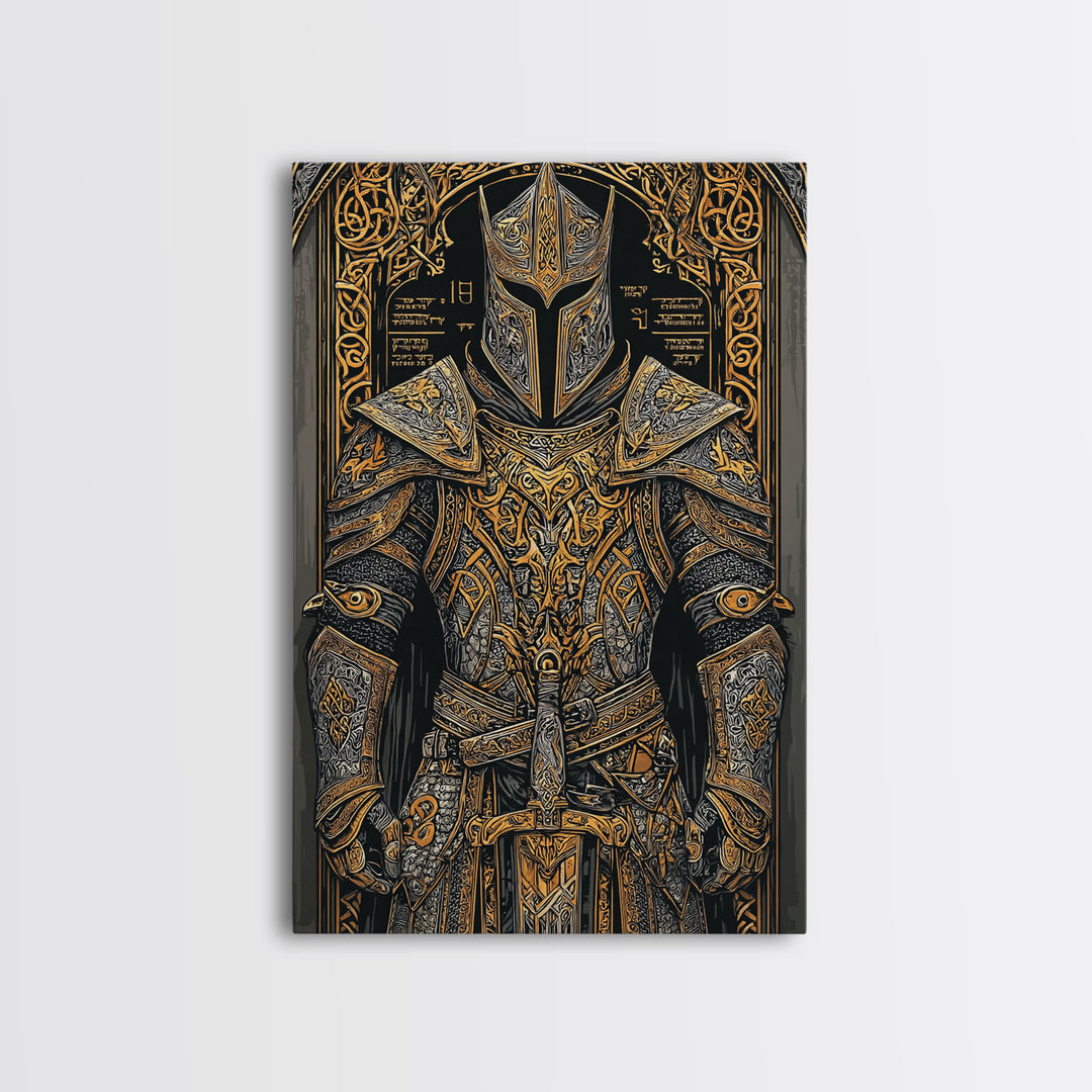 Nordic Knight Armor Canvas Gold Art, Mythology Canvas Art Perfect for Man Cave Wall Decor, framed with handcrafted real wood