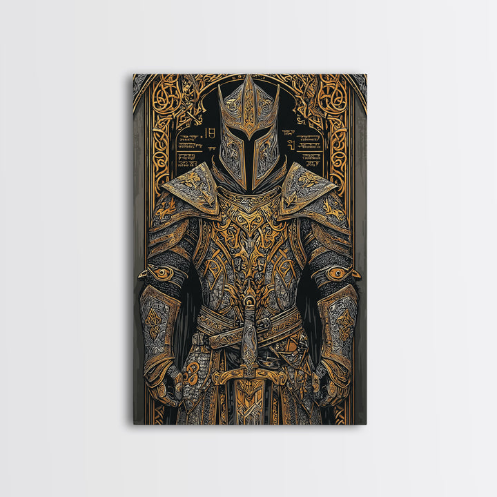 Nordic Knight Armor Canvas Gold Art, Mythology Canvas Art Perfect for Man Cave Wall Decor, framed with handcrafted real wood