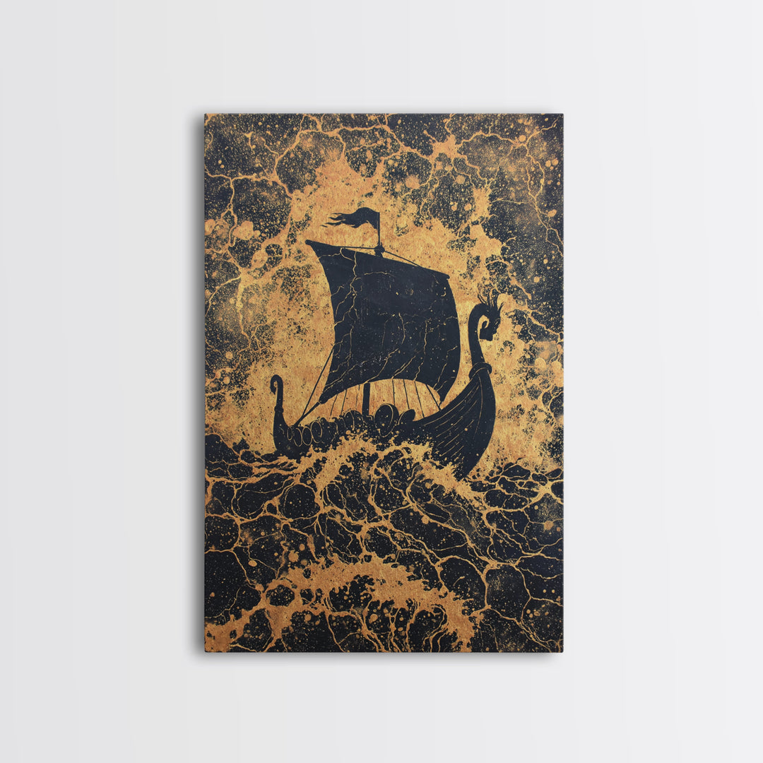 Bull Skull Nordic Totem Canvas Gold Art, Viking Canvas Art with Mythology Detail, unique office decor framed in solid wood