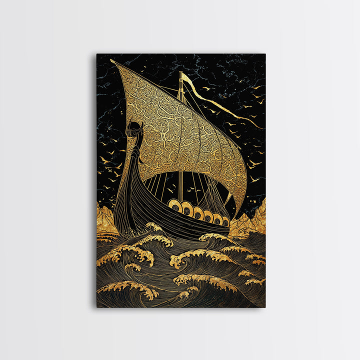 Viking Horned Helmet Canvas Gold Art, Norse Mythology Canvas Art Wall Decor for Dad Gift or Office, framed with real wood finish
