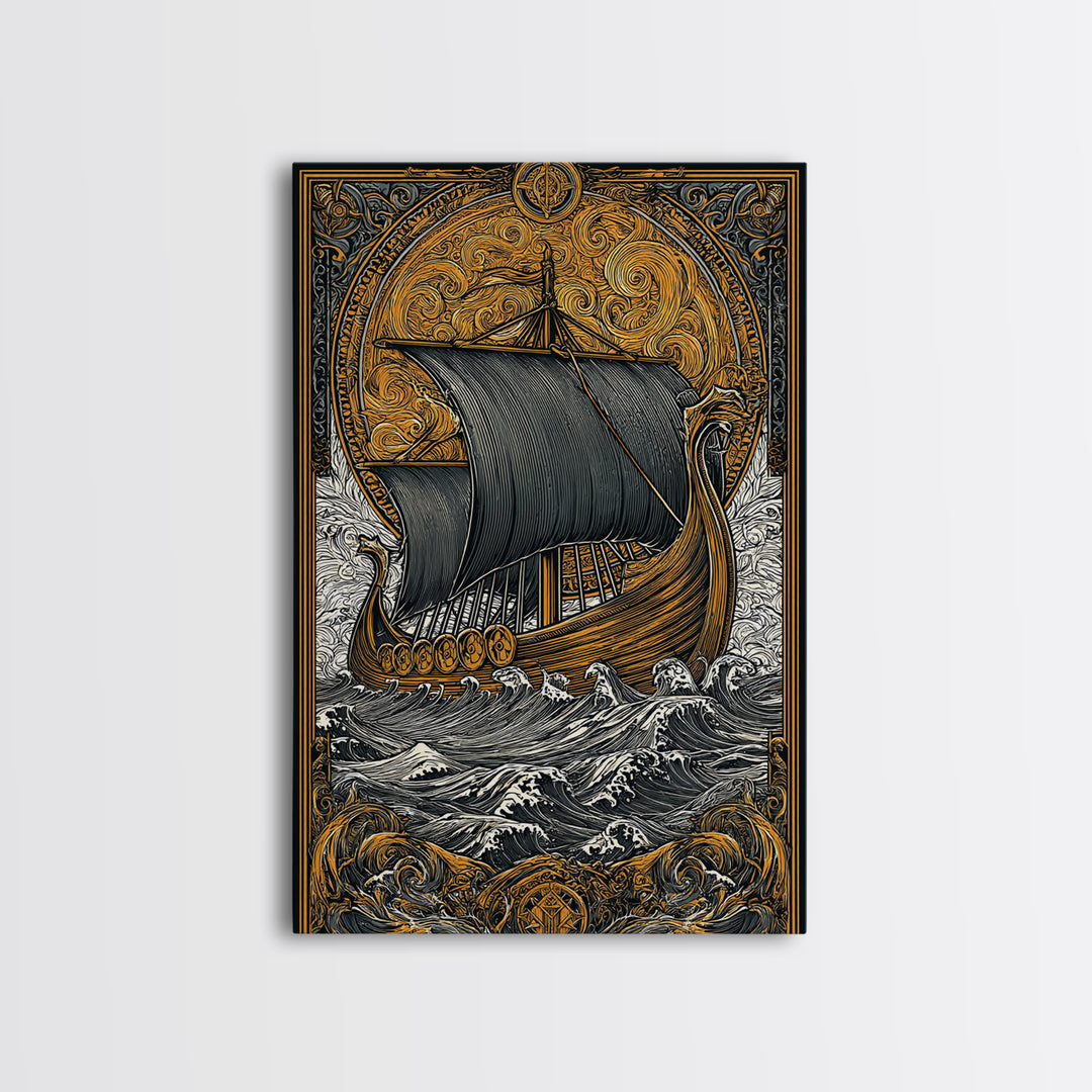 Nordic Warrior Helmet Canvas Gold Art, Viking Style Canvas Art Wall Decor, striking man cave gift framed with natural wood detail