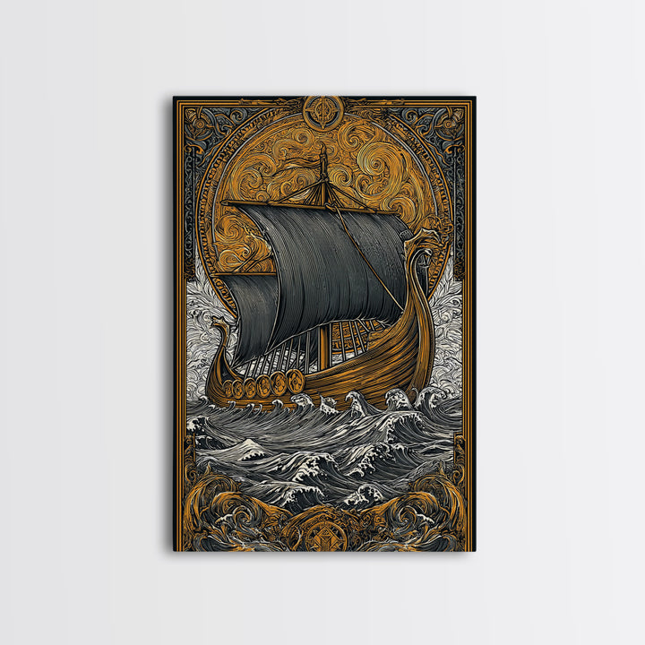 Nordic Warrior Helmet Canvas Gold Art, Viking Style Canvas Art Wall Decor, striking man cave gift framed with natural wood detail