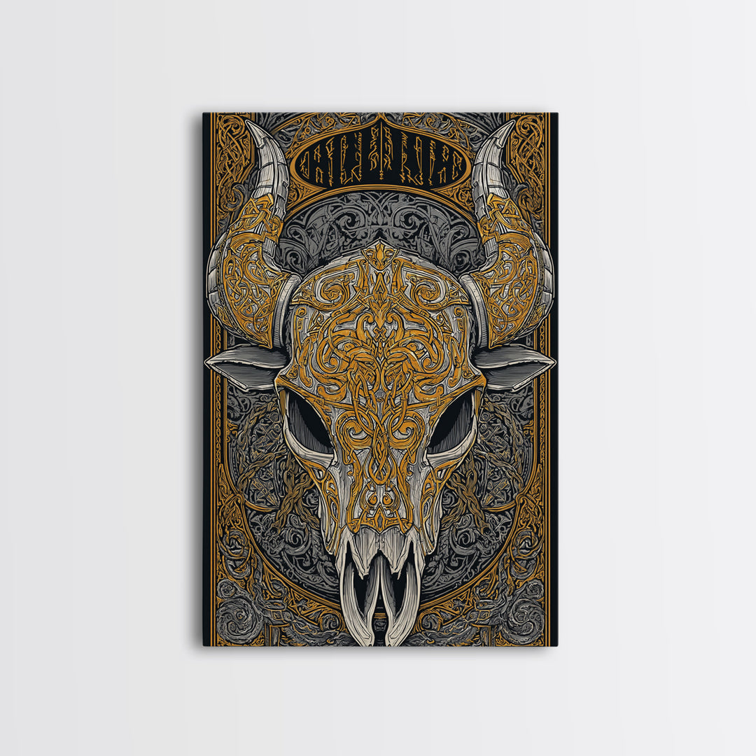 Rune Stone Canvas Gold Art, Ancient Viking Mythology Canvas Art Perfect for Office or Dad Gift, framed with handcrafted wood