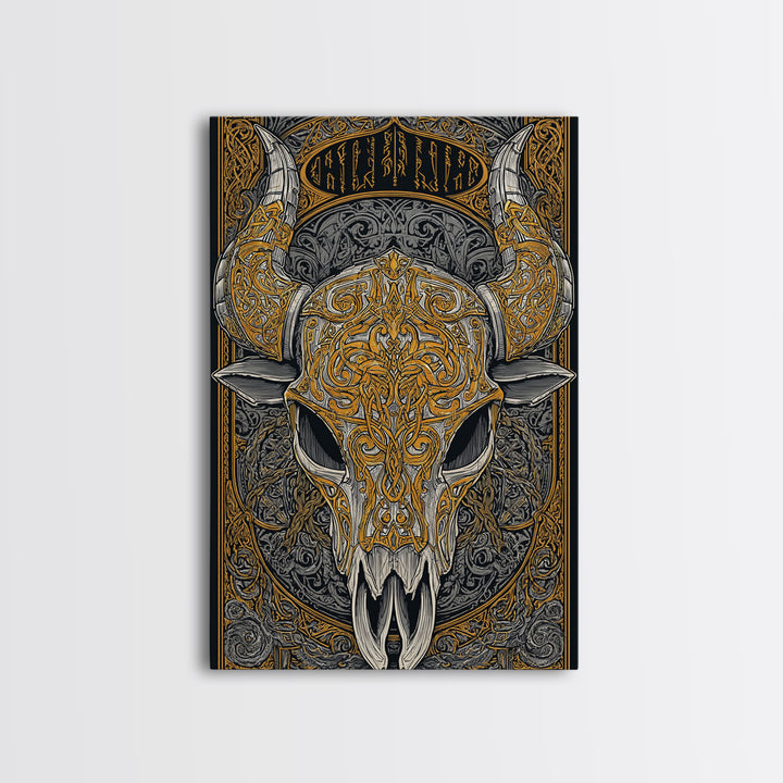 Rune Stone Canvas Gold Art, Ancient Viking Mythology Canvas Art Perfect for Office or Dad Gift, framed with handcrafted wood