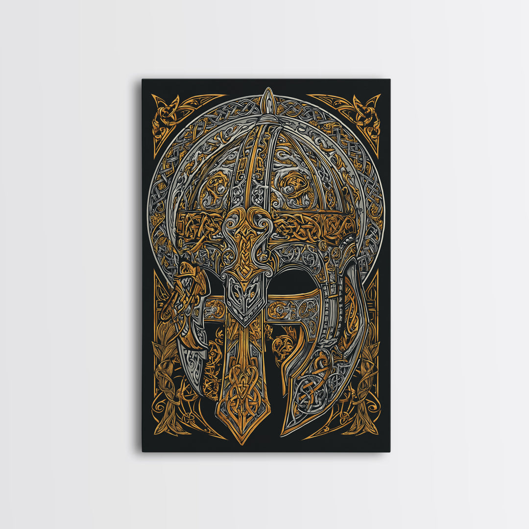 Viking Funeral Ship Canvas Gold Art, Norse Mythology Canvas Art Wall Decor for Man Cave or Office, framed in natural wood