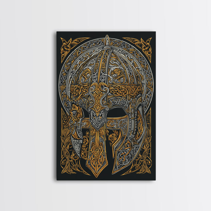Viking Funeral Ship Canvas Gold Art, Norse Mythology Canvas Art Wall Decor for Man Cave or Office, framed in natural wood