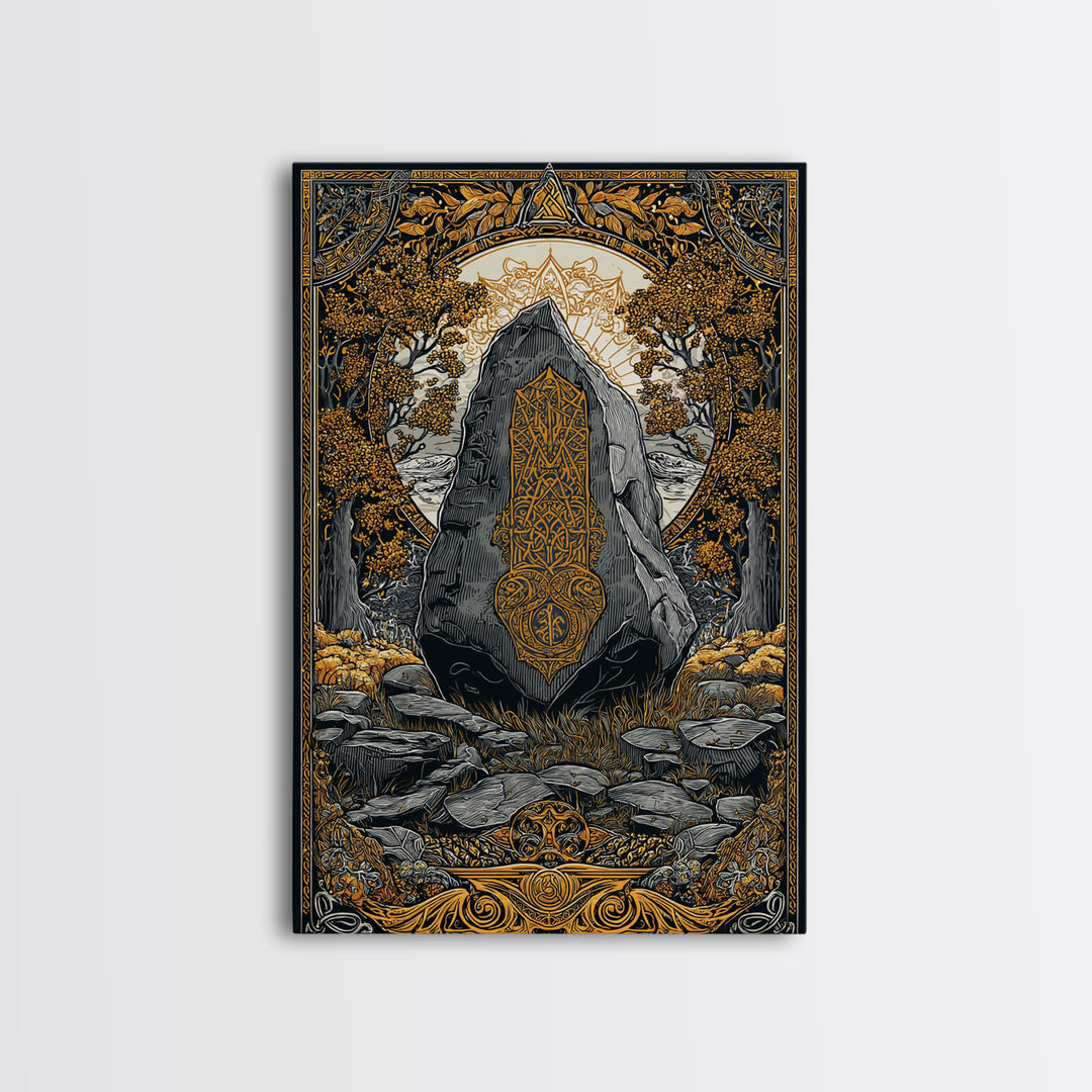 Viking Ship Wall Decor Canvas Gold Art Canvas Art Nordic Longship Ocean Waves Office Art Man Cave Framed in Natural Wood
