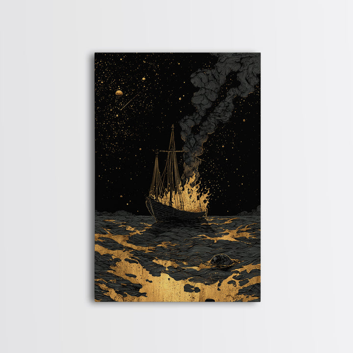 Canvas Gold Art Canvas Art Viking Ship with Dragon Sail Nordic Mythology Decor Man Cave Wall Art Dad Gift with Real Wood Frame