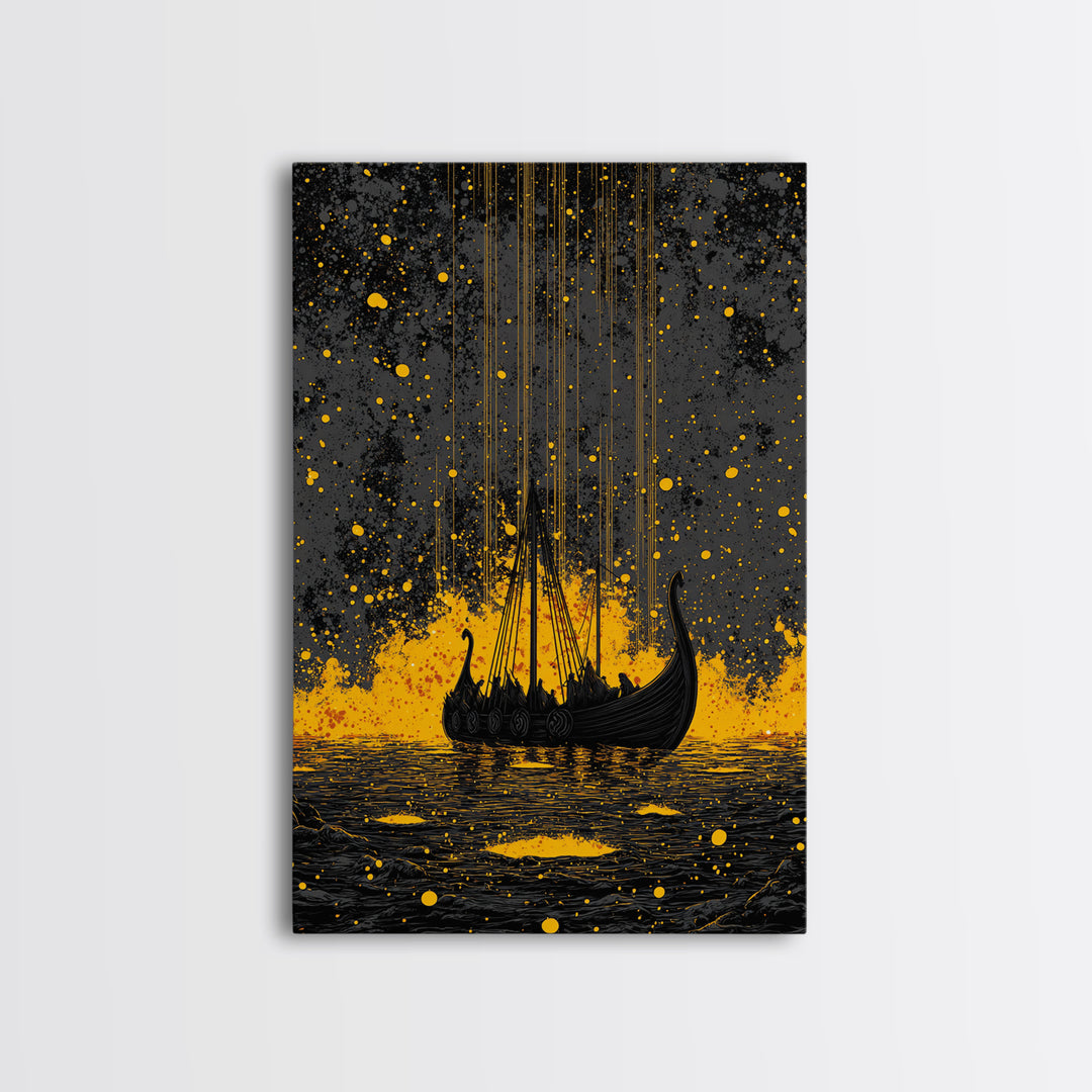 Nordic Longship Ocean Voyage Canvas Gold Art Canvas Art Viking Decor for Men’s Office or Den Framed in Solid Wood Handmade