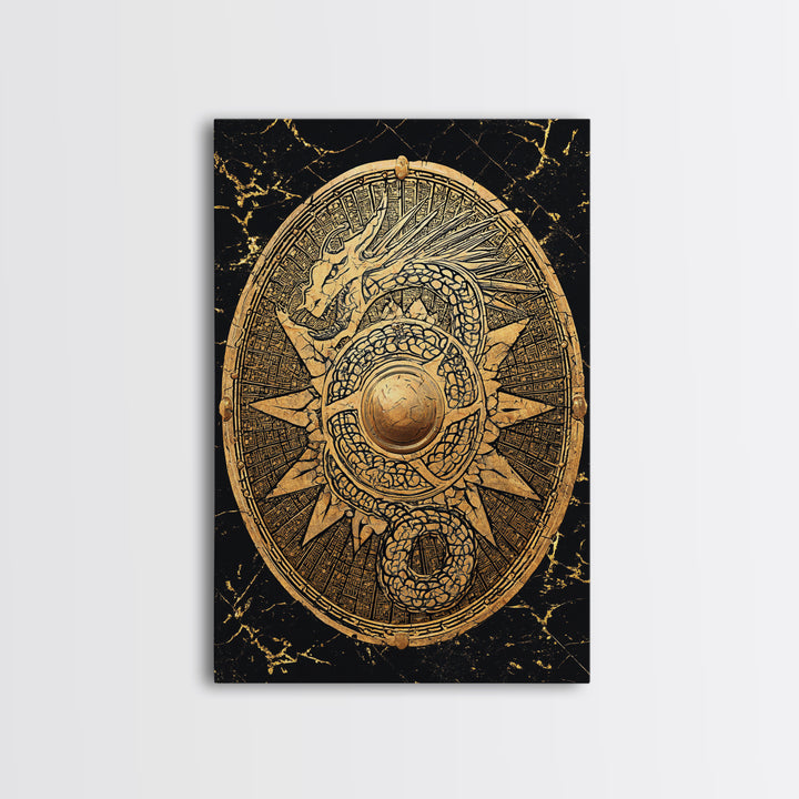 Norse Dragon Shield Canvas Gold Art, Viking Inspired Canvas Art for Men’s Office or Dad Gift, crafted with real wood frame