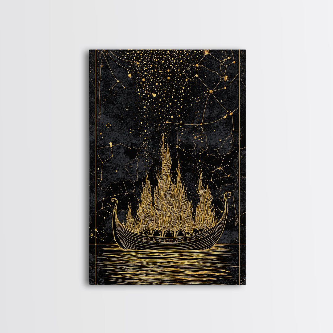 Burning Viking Funeral Ship Canvas Gold Art Canvas Art Norse Mythology Wall Art Nordic Decor Man Cave Piece with Real Wood Frame