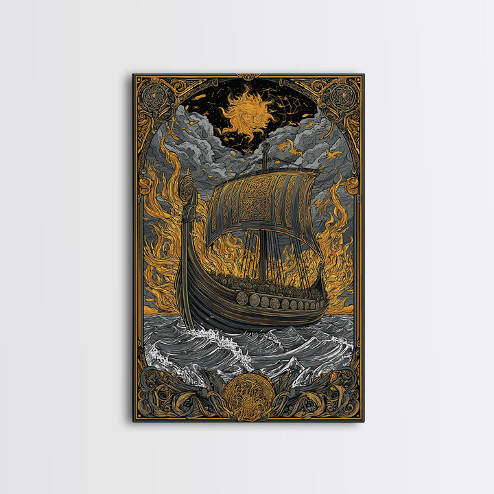 Canvas Art Canvas Gold Art Viking Ship in Flames Norse Funeral Pyre Nordic Mythology Decor Office or Man Cave Framed in Real Wood