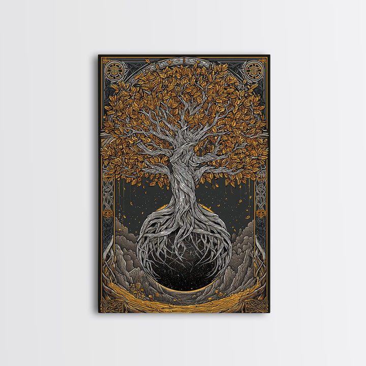 Canvas Gold Art Canvas Art Nordic World Tree Yggdrasil Norse Mythology Decor Viking Wall Art Man Cave Office Art with Real Wood Frame