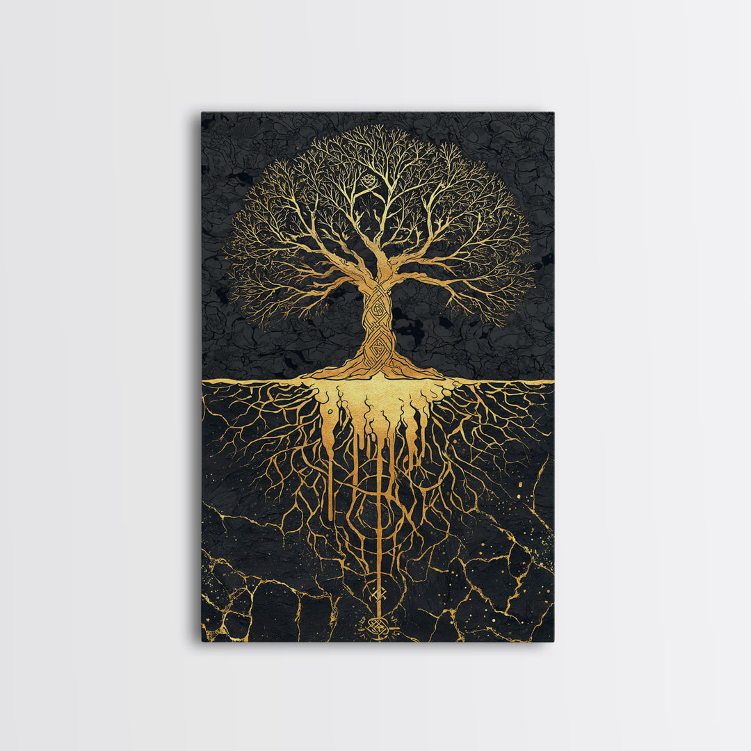 Norse Mythology Yggdrasil Tree Canvas Gold Art Canvas Art Viking Decor Wall Art Nordic Symbolism Dad Gift Framed in Solid Wood