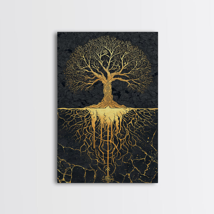 Norse Mythology Yggdrasil Tree Canvas Gold Art Canvas Art Viking Decor Wall Art Nordic Symbolism Dad Gift Framed in Solid Wood