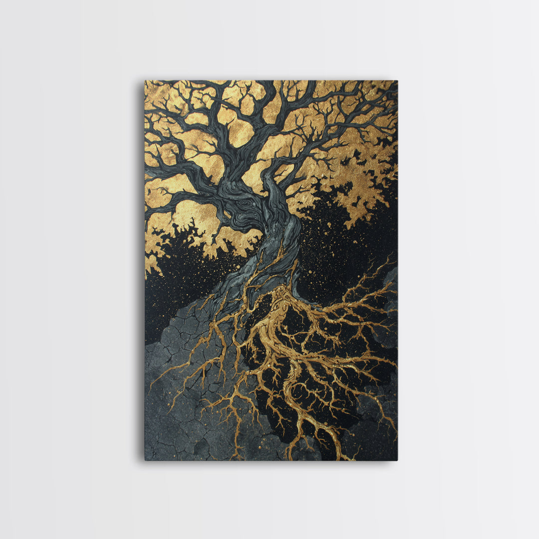 Canvas Gold Art Canvas Art Yggdrasil Tree of Life Norse Mythology Decor Viking Wall Art Nordic Office or Man Cave in Wood Frame