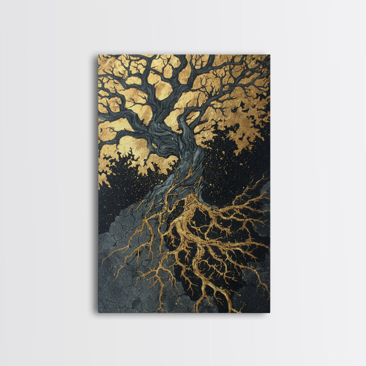 Canvas Gold Art Canvas Art Yggdrasil Tree of Life Norse Mythology Decor Viking Wall Art Nordic Office or Man Cave in Wood Frame
