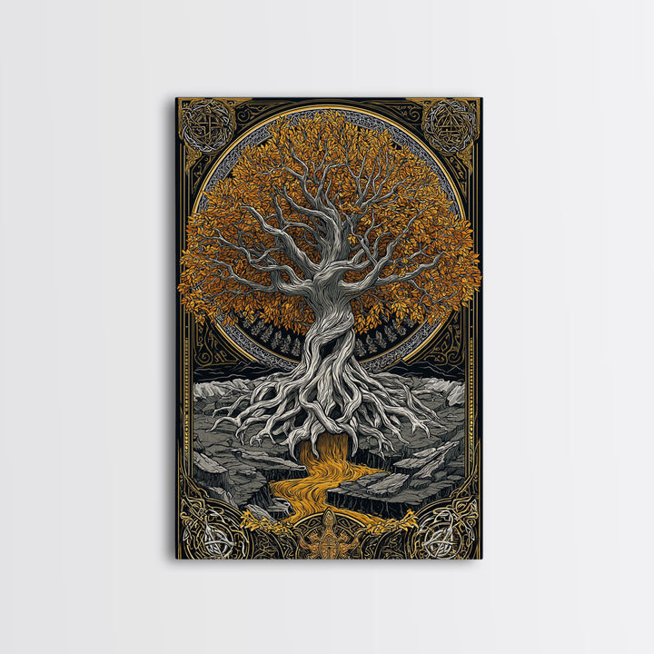 Nordic Yggdrasil Wall Decor Canvas Gold Art Canvas Art Norse Mythology Tree of Life Viking Style Office Art Framed in Real Wood