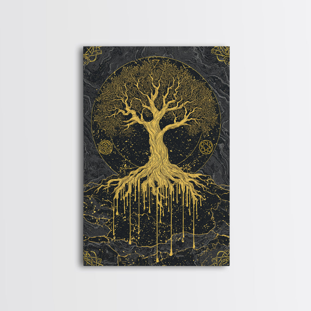 Yggdrasil Canvas Gold Art Canvas Art | Norse World Tree Design Framed in Natural Wood | Nordic Mythology Office & Man Cave Decor