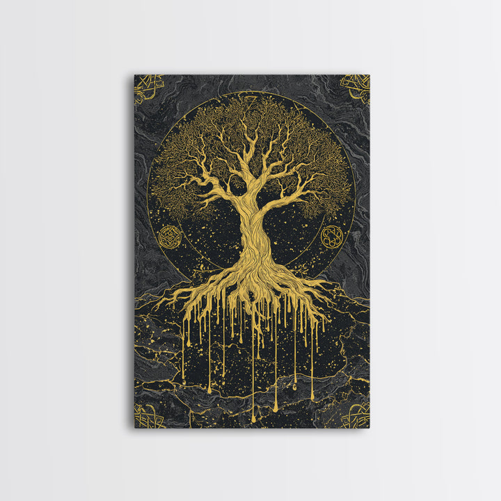 Yggdrasil Canvas Gold Art Canvas Art | Norse World Tree Design Framed in Natural Wood | Nordic Mythology Office & Man Cave Decor