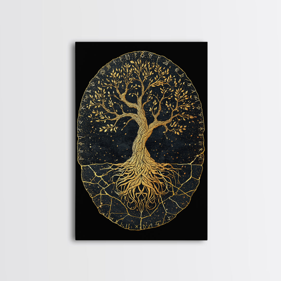 Yggdrasil Norse World Tree Canvas Gold Art Canvas Art Viking Mythology Wall Art Nordic Decor Dad Gift Framed with Natural Wood