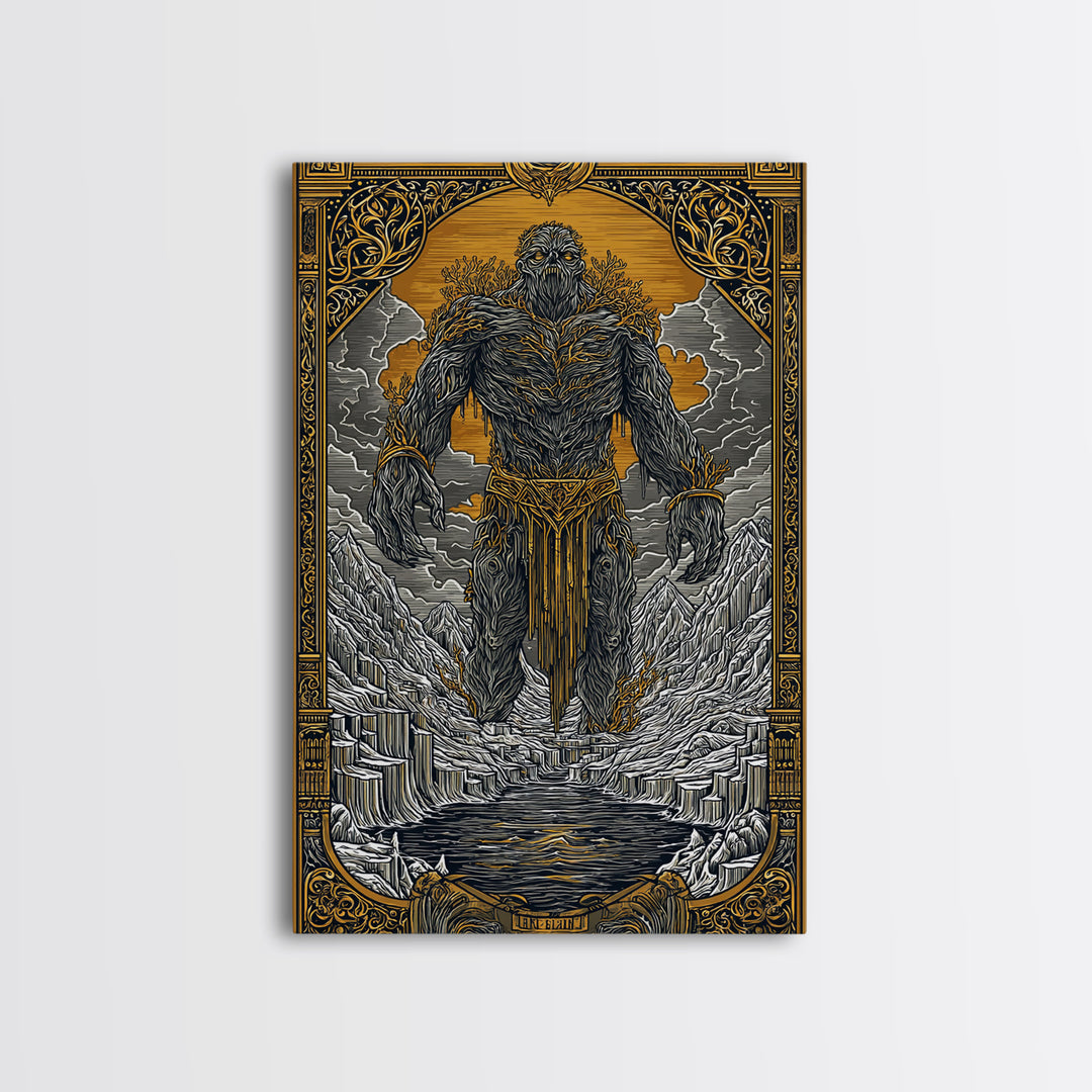 Canvas Gold Art Canvas Art of Ymir | Norse Mythology Wall Art with Natural Wood Frame | Viking Decor for Office, Study, or Man Cave