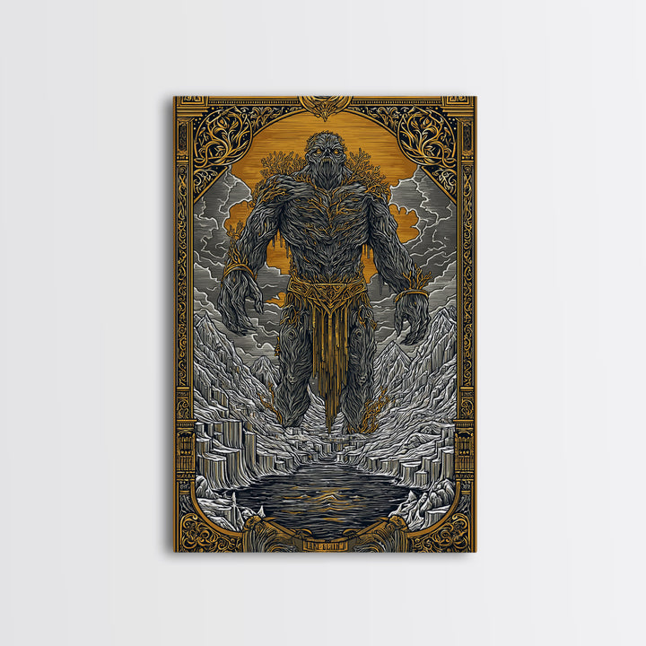 Canvas Gold Art Canvas Art of Ymir | Norse Mythology Wall Art with Natural Wood Frame | Viking Decor for Office, Study, or Man Cave