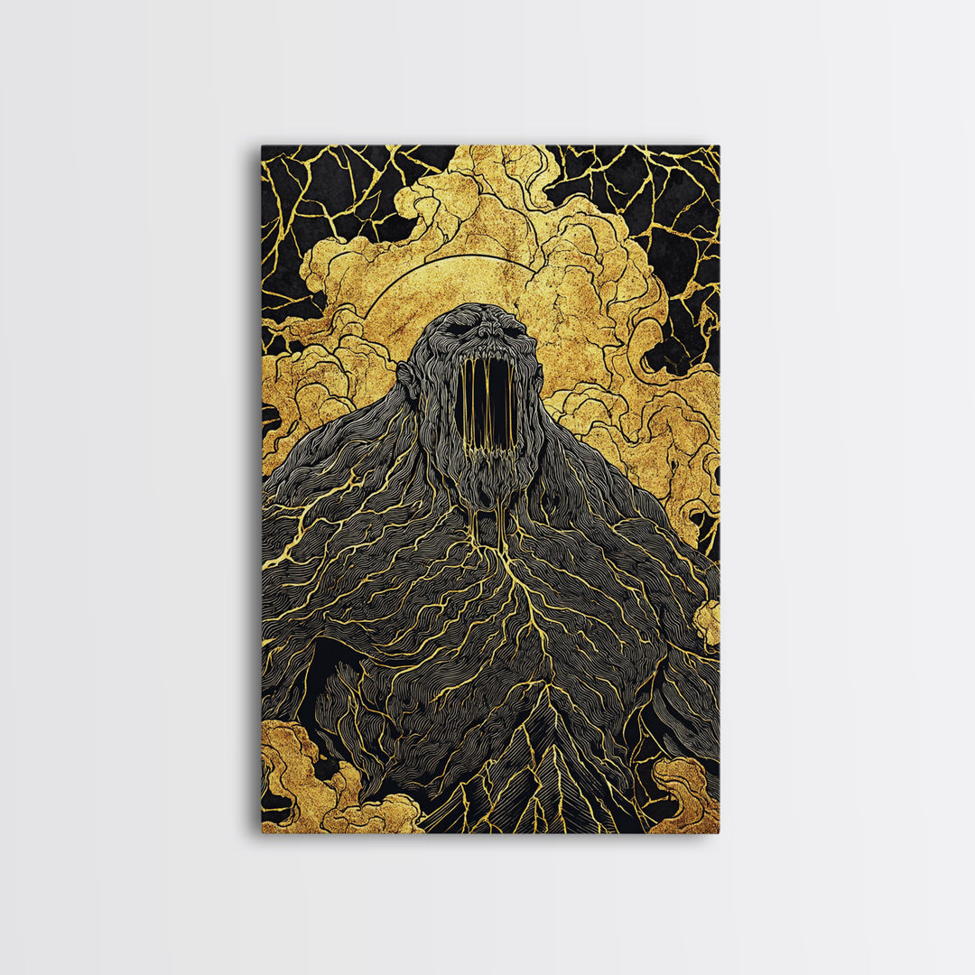 Nordic Ymir Mythology Canvas Gold Art Canvas Art | Giant Norse Wall Decor in Real Wood Frame | Man Cave, Office & Dad Gift Art