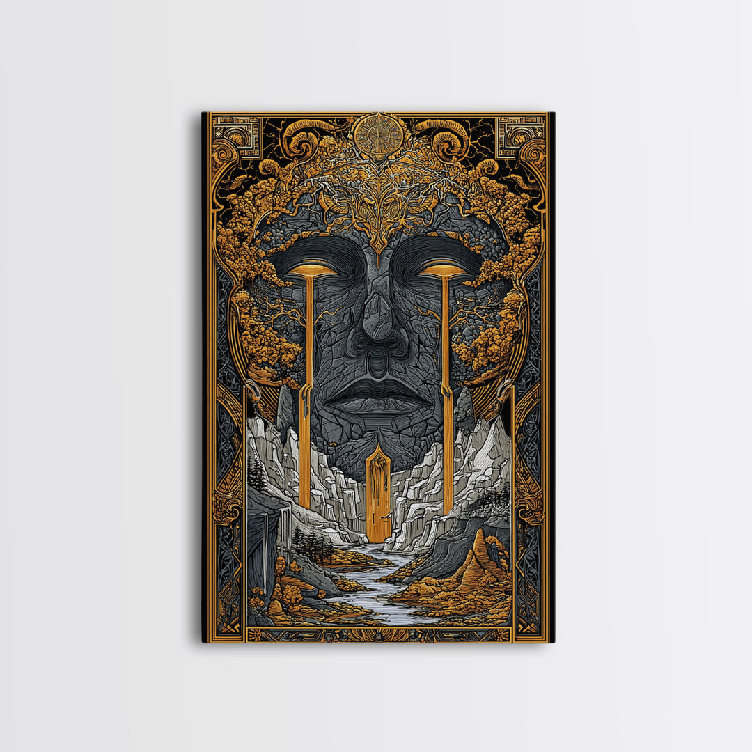 Nordic Mythology Canvas Gold Art Canvas Art | Yggdrasil Tree of Life Wall Art with Real Wood Frame | Viking Office & Dad Gift