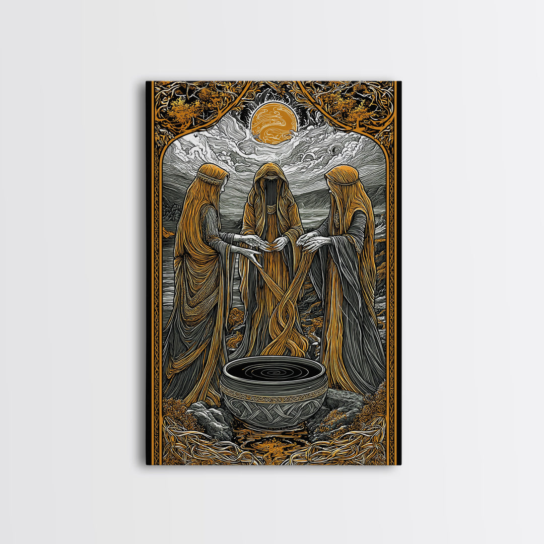 Norns Weaving Fate Canvas Gold Art, Norse Mythology Canvas Art of Urd, Verdandi, Skuld, Viking Wall Art framed in real wood