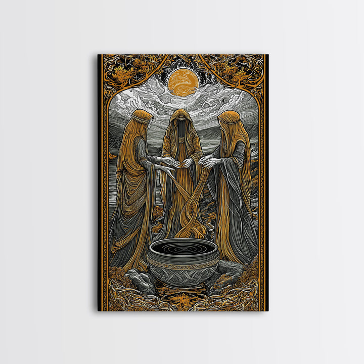 Norns Weaving Fate Canvas Gold Art, Norse Mythology Canvas Art of Urd, Verdandi, Skuld, Viking Wall Art framed in real wood