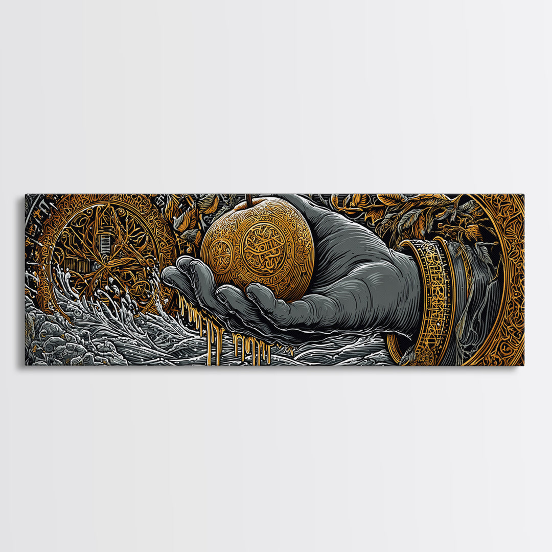 Golden Apple of Idunn Canvas Gold Art, Norse Mythology Canvas Art for Office or Man Cave, framed in natural wood, Viking Dad Gift