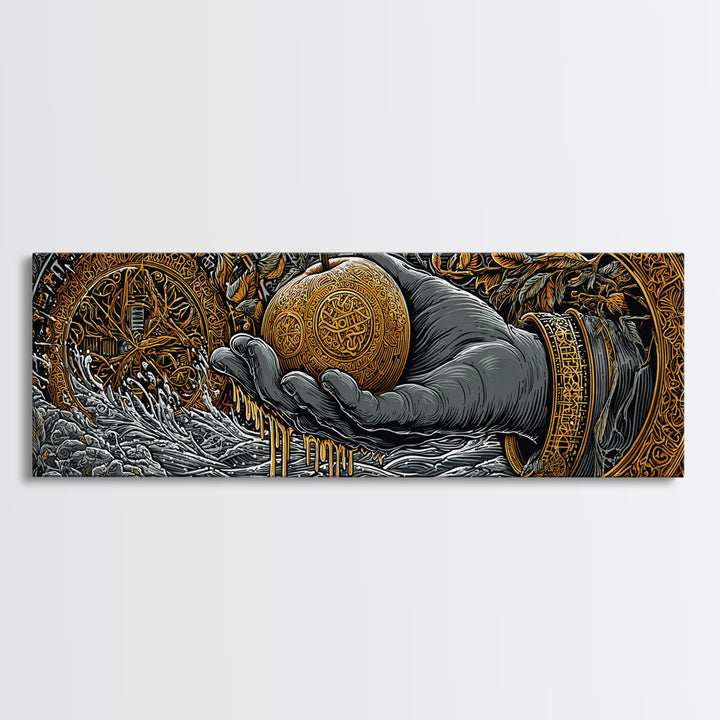 Golden Apple of Idunn Canvas Gold Art, Norse Mythology Canvas Art for Office or Man Cave, framed in natural wood, Viking Dad Gift