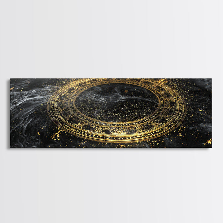 Norse Runes Canvas Gold Art, Viking Symbol Canvas Art framed in real wood, Nordic Mythology Office Wall Decor, Man Cave Gift Idea