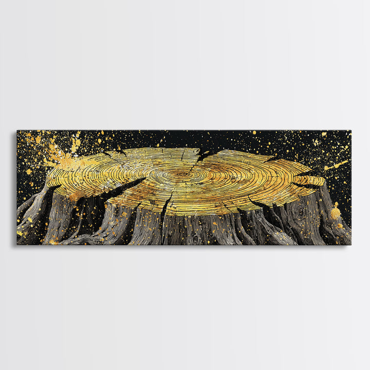Viking Tree Stump Canvas Gold Art Nordic Mythology Canvas Art for Office or Man Cave, Norse Decor framed in real wood