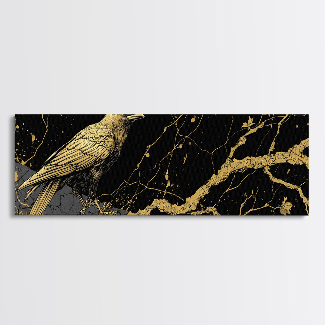 Odin’s Raven Canvas Gold Art Norse Mythology Canvas Art Viking Wall Decor with natural wood frame, Man Cave or Office Gift