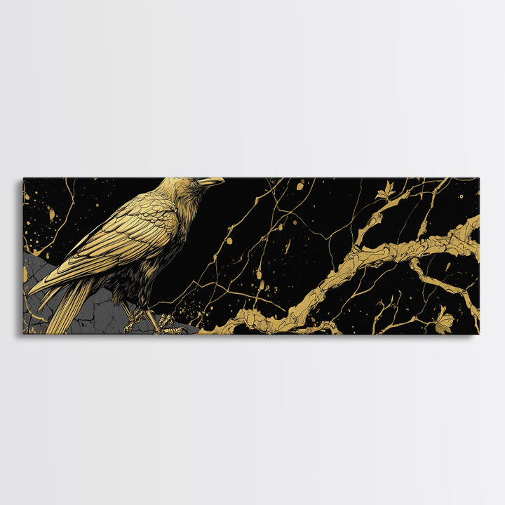 Odin’s Raven Canvas Gold Art Norse Mythology Canvas Art Viking Wall Decor with natural wood frame, Man Cave or Office Gift