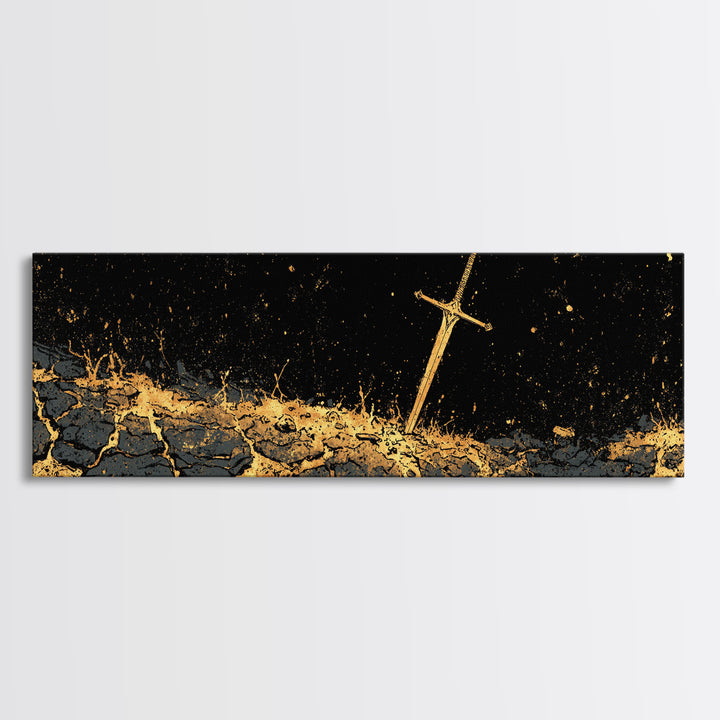 Viking Sword in Earth Canvas Gold Art Norse Mythology Canvas Art for Man Cave Decor with real wood frame, Office Warrior Gift