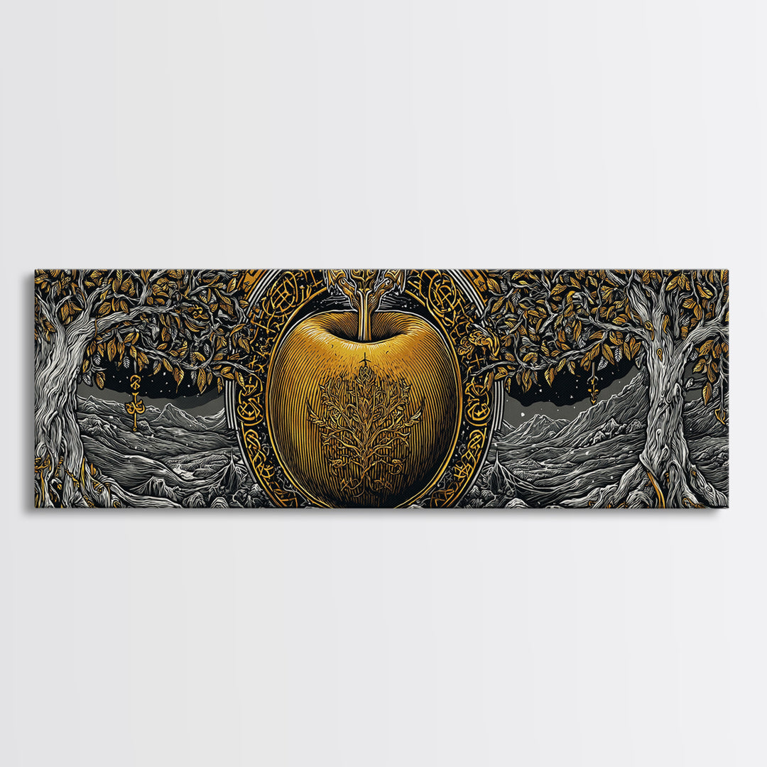 Norse Garden of Idunn Canvas Gold Art Viking Mythology Canvas Art Nordic Apple Decor with real wood frame, Man Cave Wall Art