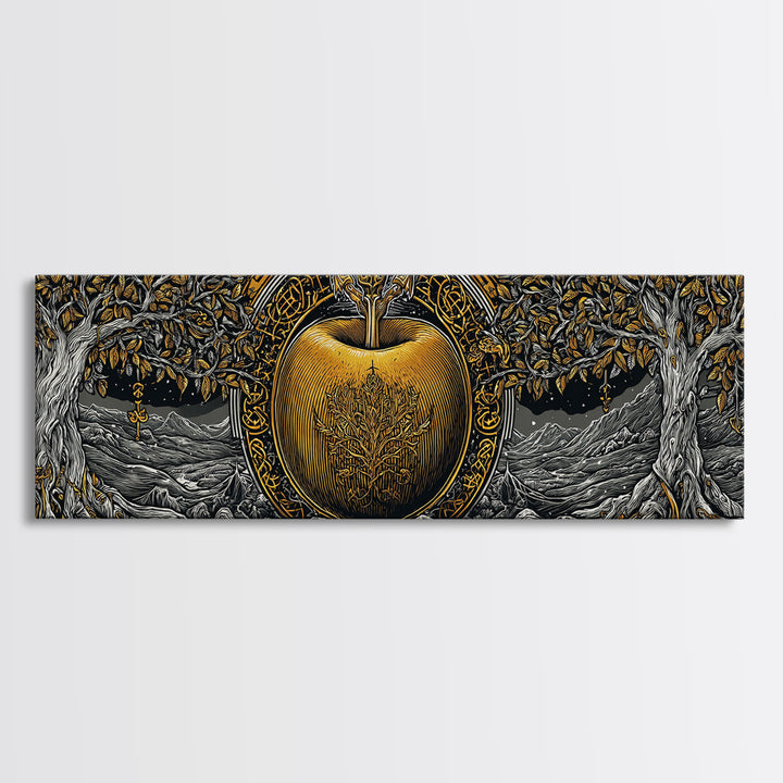 Norse Garden of Idunn Canvas Gold Art Viking Mythology Canvas Art Nordic Apple Decor with real wood frame, Man Cave Wall Art