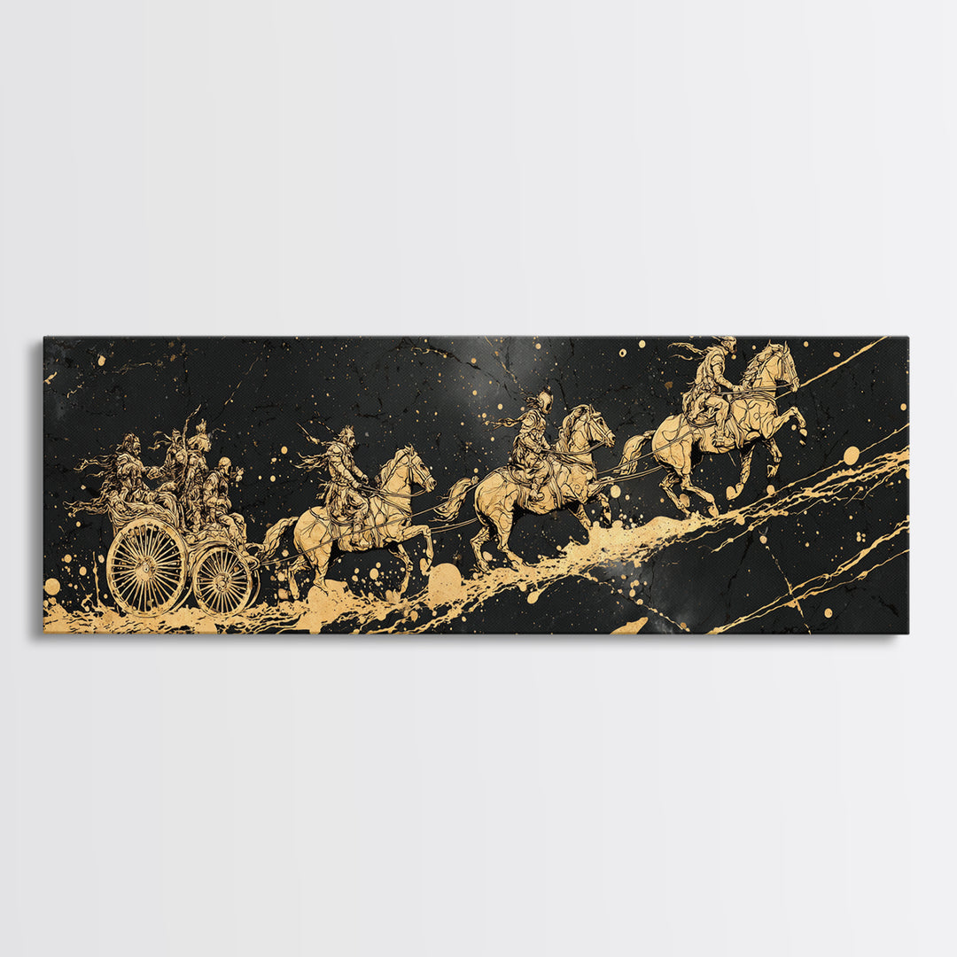 Valkyries’ Ride Canvas Gold Art Norse Mythology Canvas Art Viking Horse Decor framed in natural wood, Warrior Office Wall Art