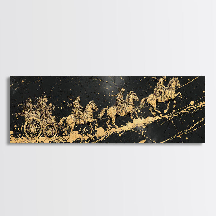Valkyries’ Ride Canvas Gold Art Norse Mythology Canvas Art Viking Horse Decor framed in natural wood, Warrior Office Wall Art