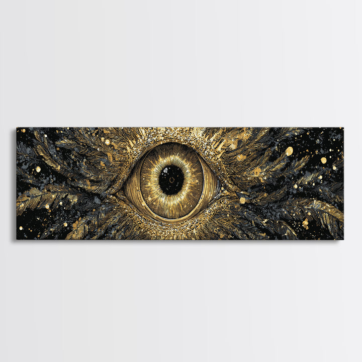Odin’s All-Seeing Eye Canvas Gold Art Nordic Wall Decor Canvas Art for Office or Man Cave, framed in natural wood